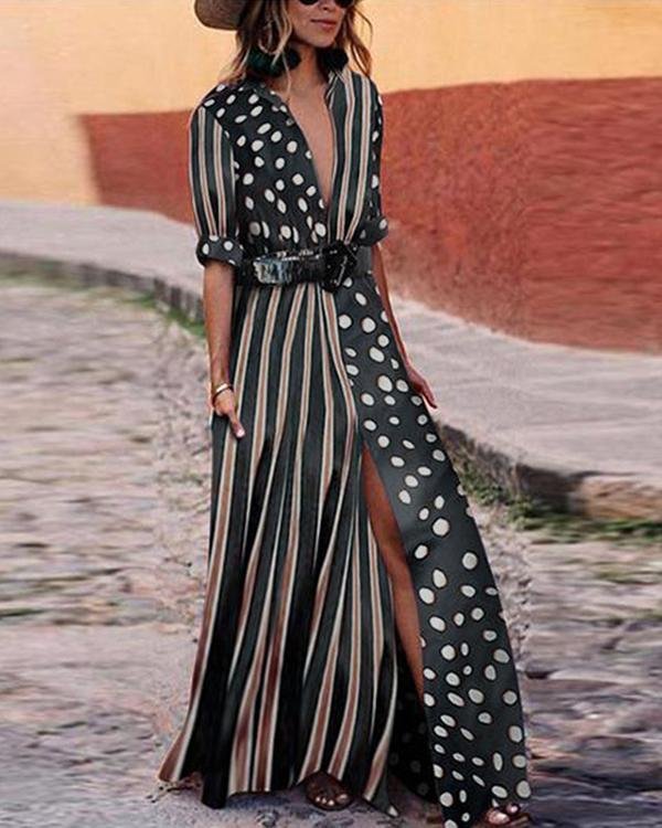 Women Fashion V-Neck Half Sleeve Striped Polka Dot Dress