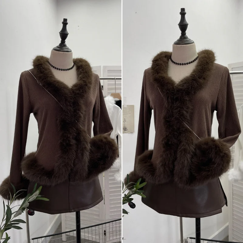 Uveng Real Shooting Babes V Collar Hair Spliced Knitted Cardigan Women Autumn And Winter Decoration Slim Coat Temperament Coat 2676