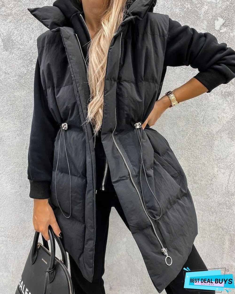 Drawstring Waist Zip Up Gilet Puffer Jacket