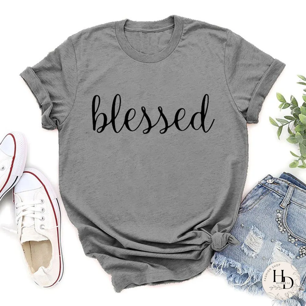 Womens Fashion Blessed PrintT-shirtsSummer Casual Loose Round-neck Creative Personalized