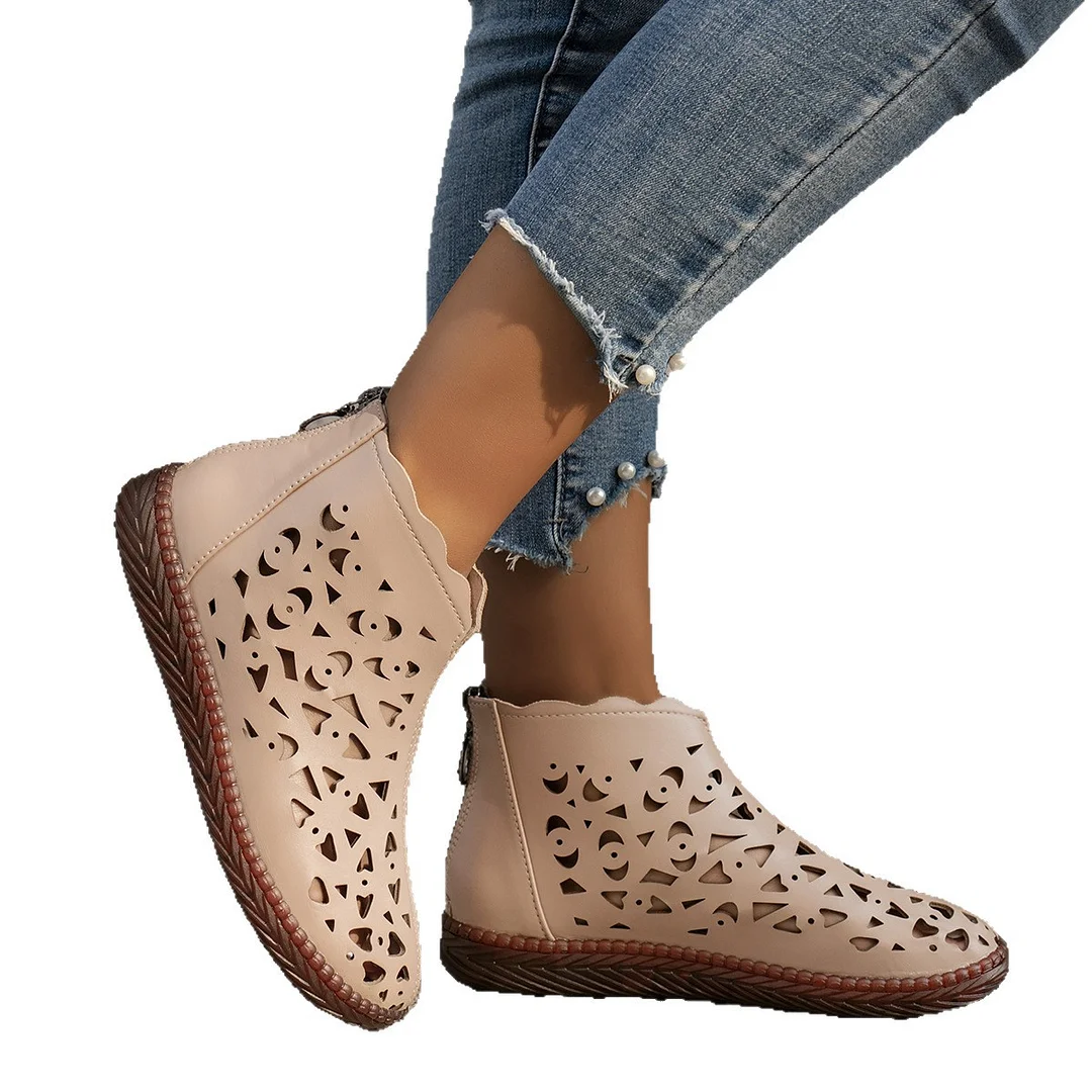 Breakj Breakj And Summer 2025 New Round Head Hollow Shoes Women Fashion Zipper Retro National Style In The Middle Of The Cool Boots