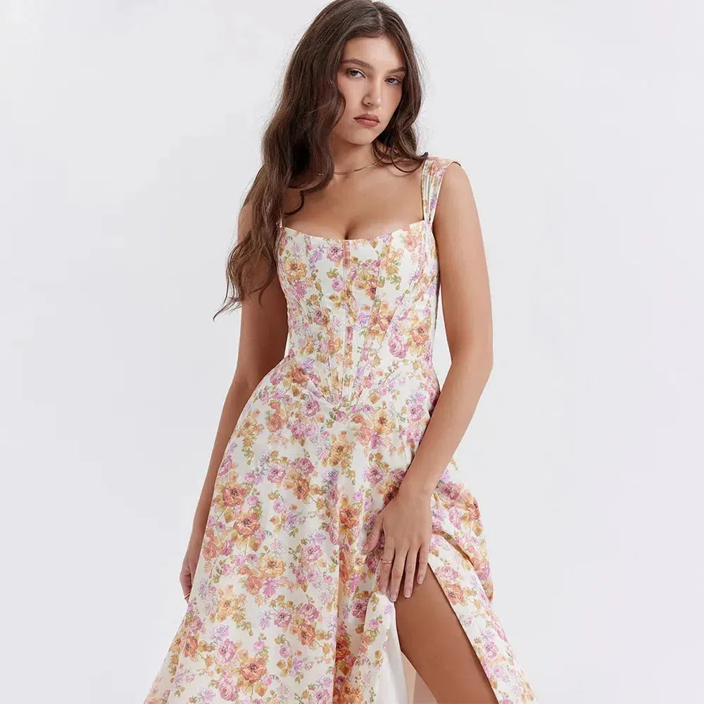 Brownm Floral Corset Midi Dress