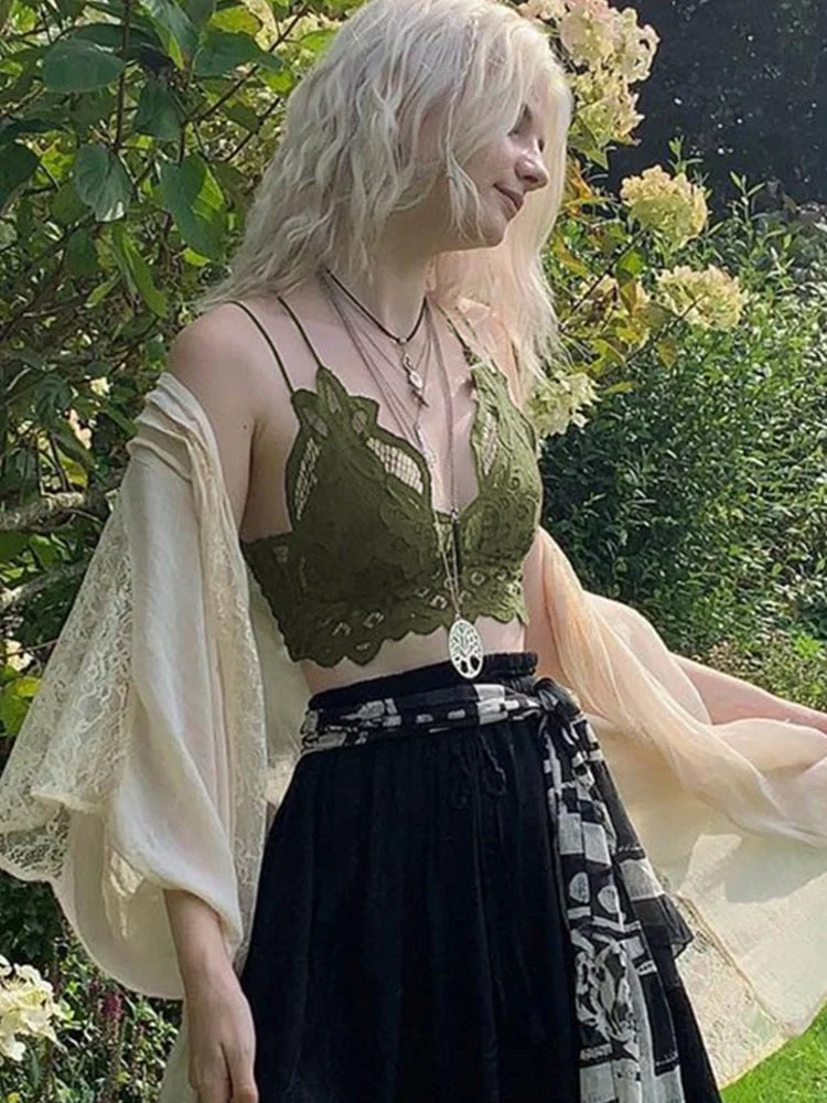 Rapcopter y2k Cute Sweet Crop Top Lace Backless V Neck Mini Vest Vintage Grunge Fairycore Corset Sweats Women Holiday Camis Chic