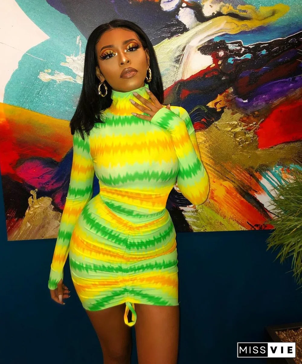 Hot Sales Tie-dye Printed Long Sleeve Slim Bodycon Dress
