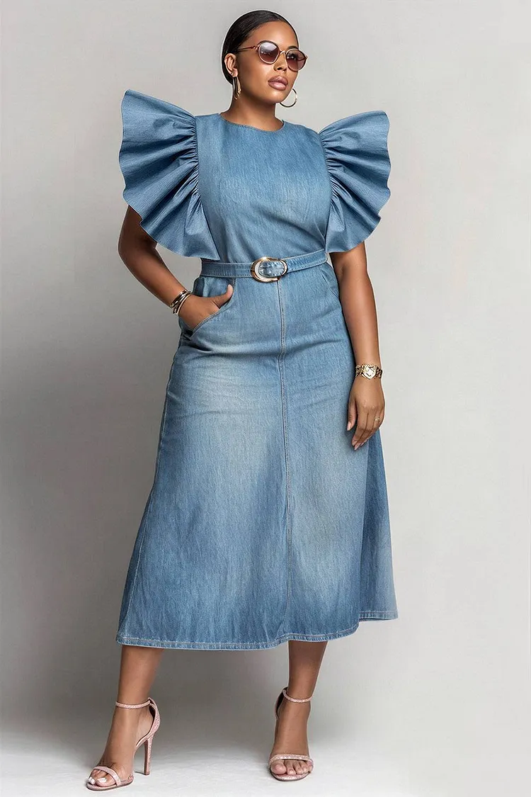 Xpluswear Design Plus Size Business Casual Light Blue Round Neck Flutter Sleeve Short Sleeve Pocket Tencel Denim Midi Dresses [Pre-Order] 2024 - Xpluswear