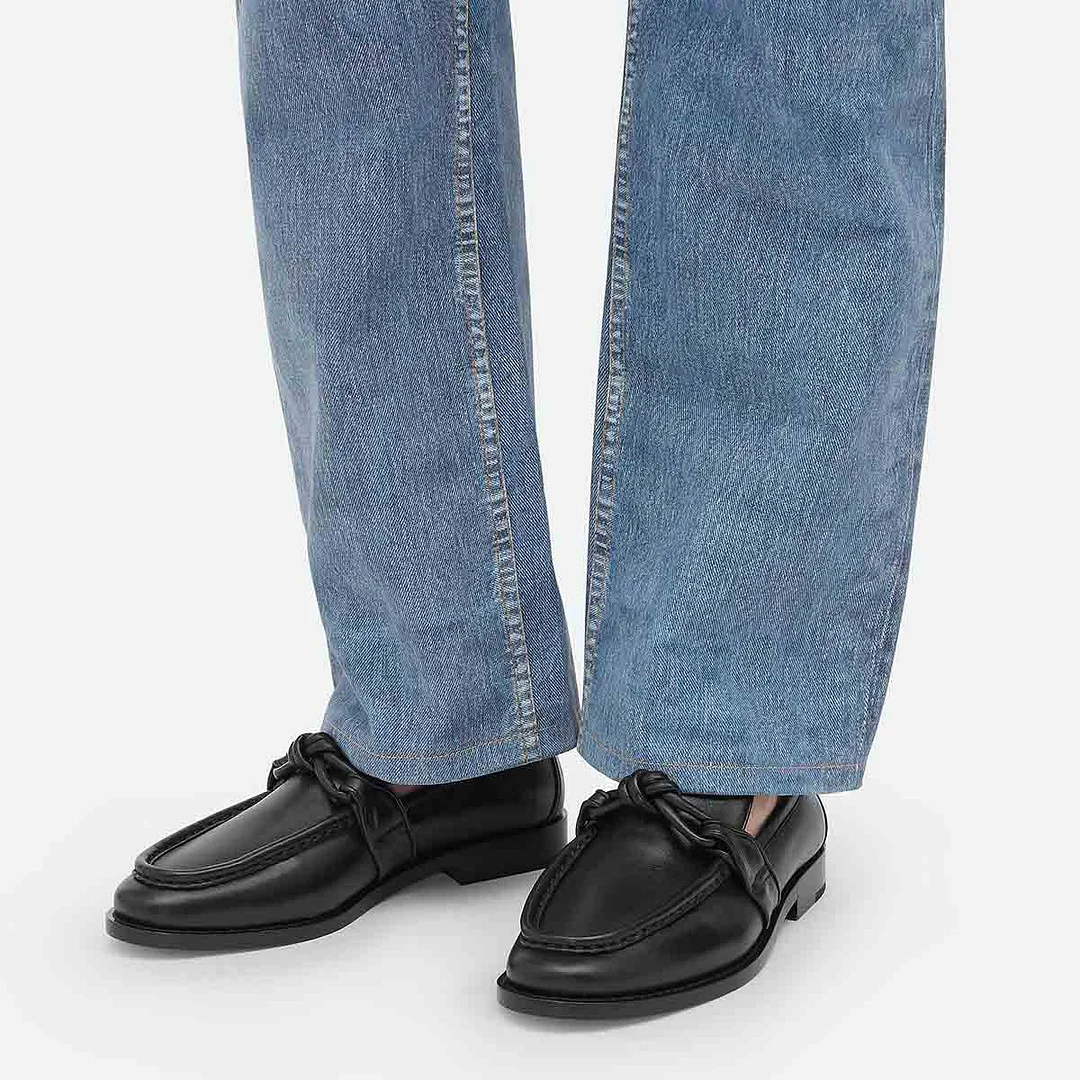 Black Vegan Leather Round Toe Flat Womens Loafers with Knot