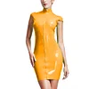 High Neck Wetlook Bodycon Mini Dress Women Short Sleeve Turtleneck Slim PVC Dress Ladies Full Zipper Dress Plus Size Clubwear