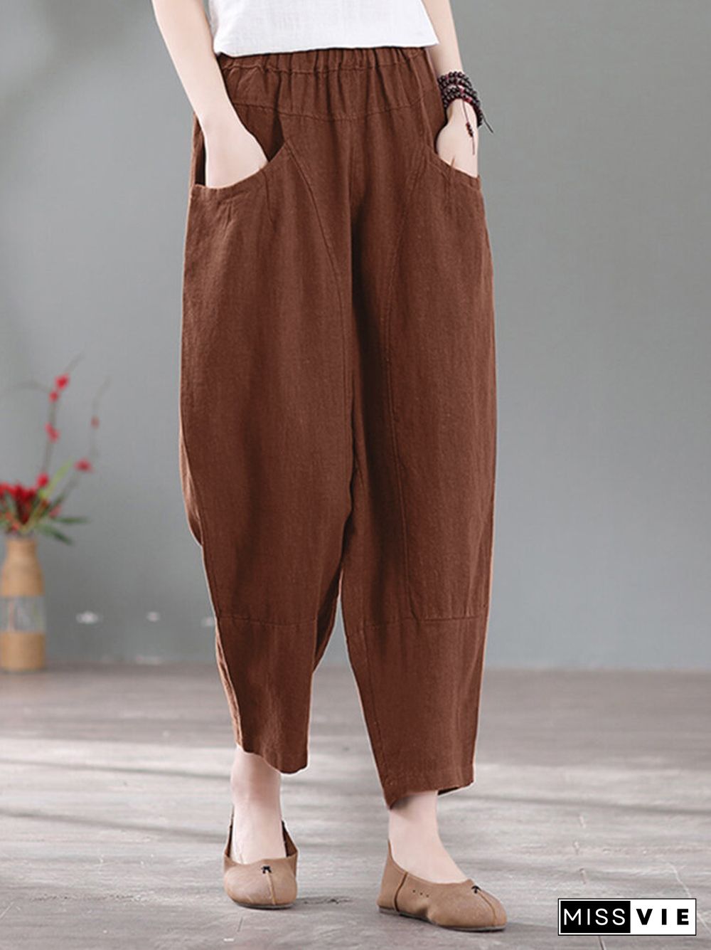 Solid Pocket Casual Cotton Pants
