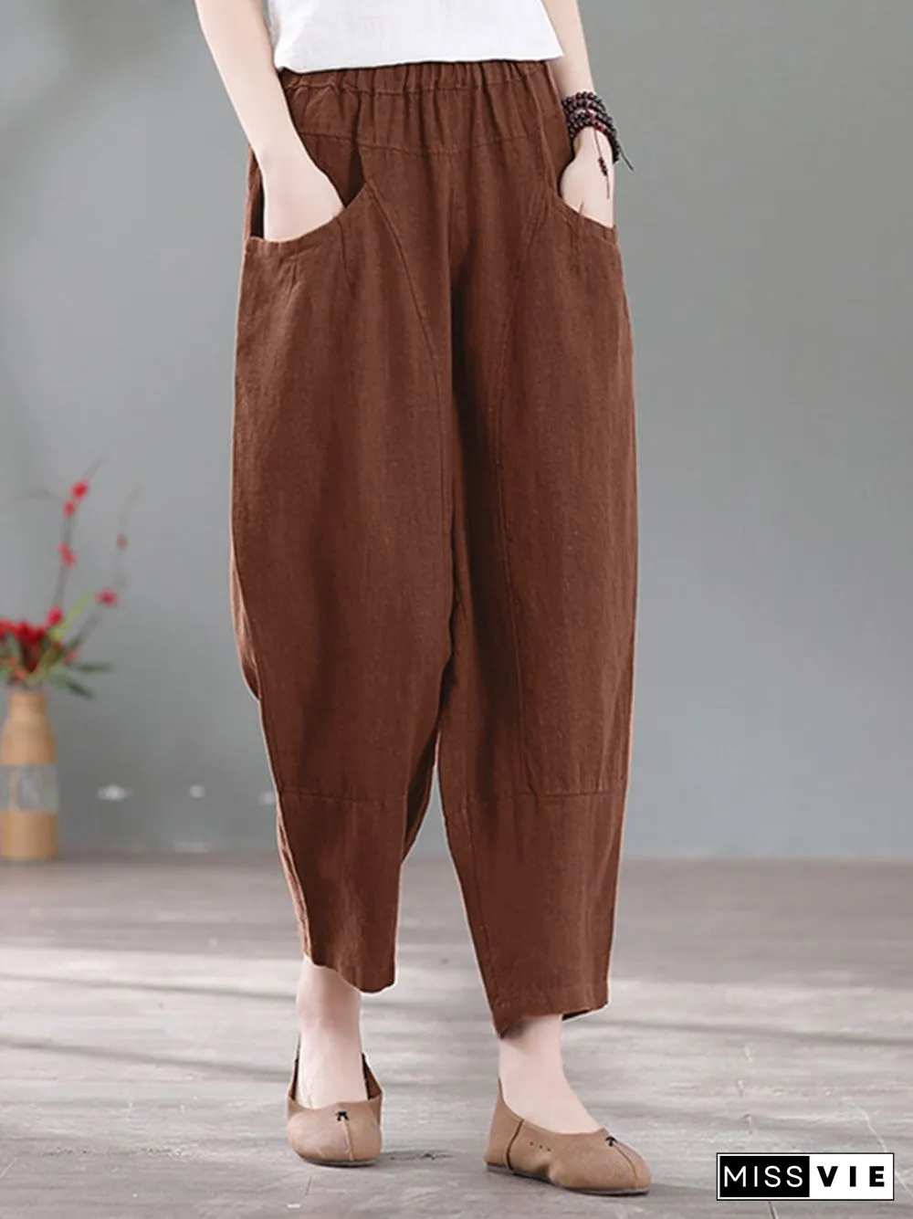 Solid Pocket Casual Cotton Pants