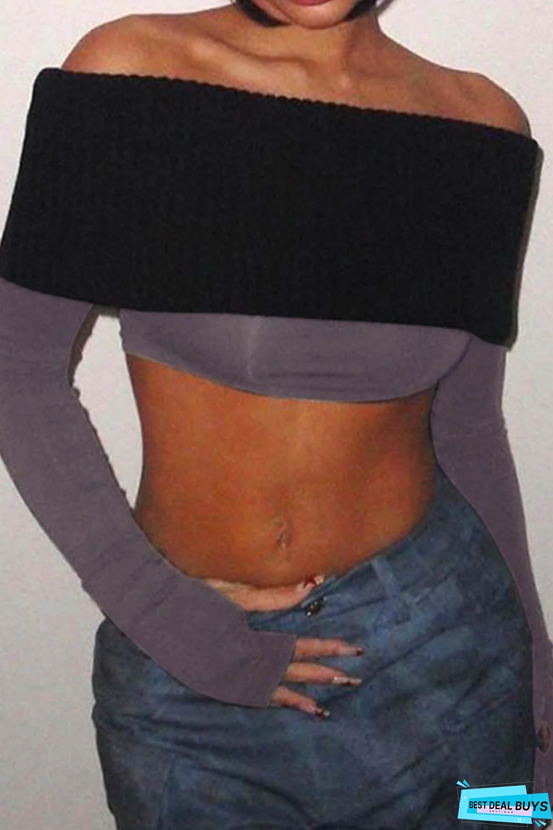 Long Sleeve Off Shoulder Neckless Short Top