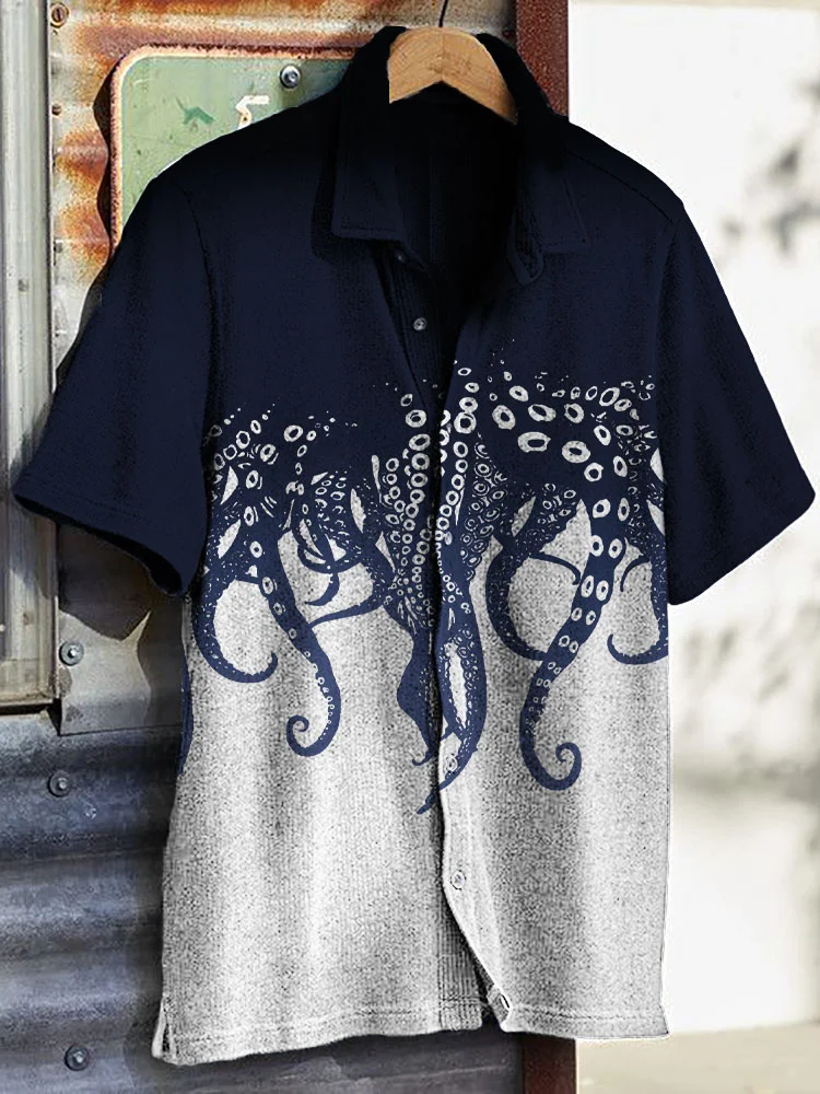 Men's Casual Japanese Art Ocean Octopus Printed Shirt
