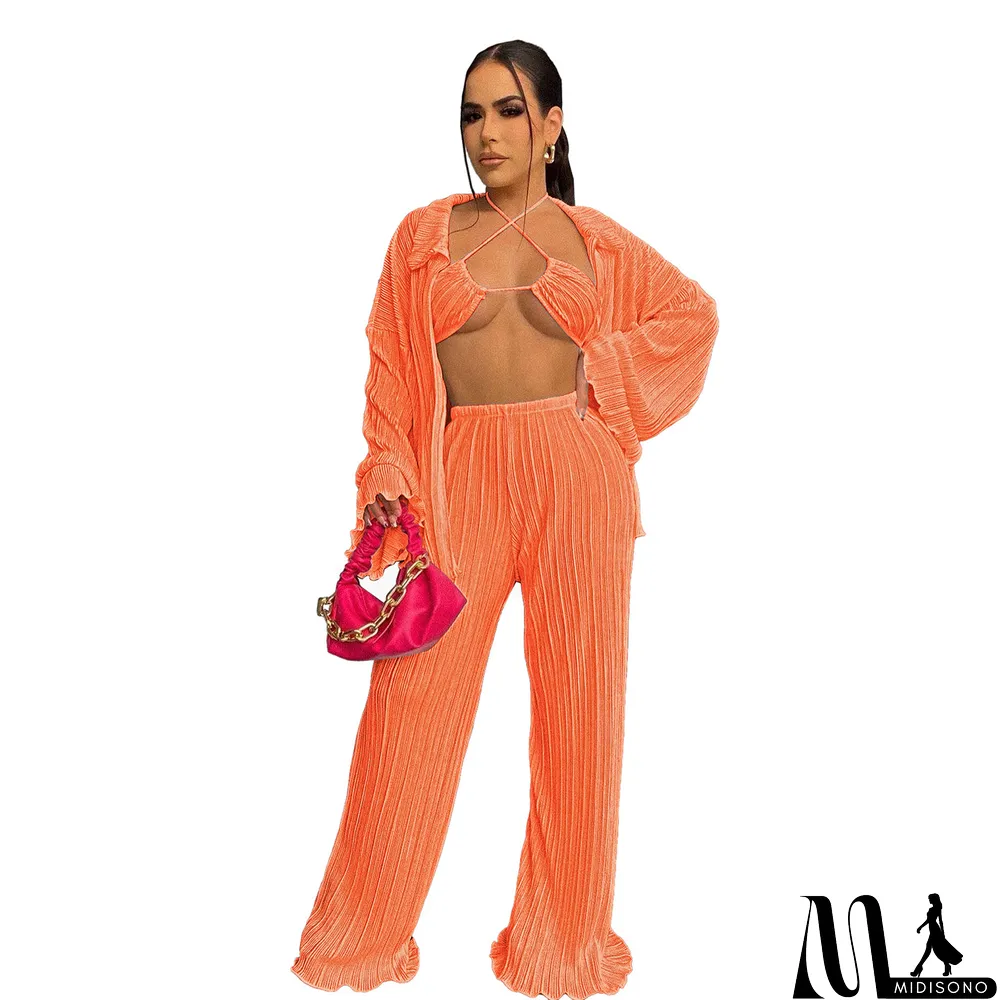 MidiSono - Fall Solid Color Wide Leg Pants Three-Piece Set