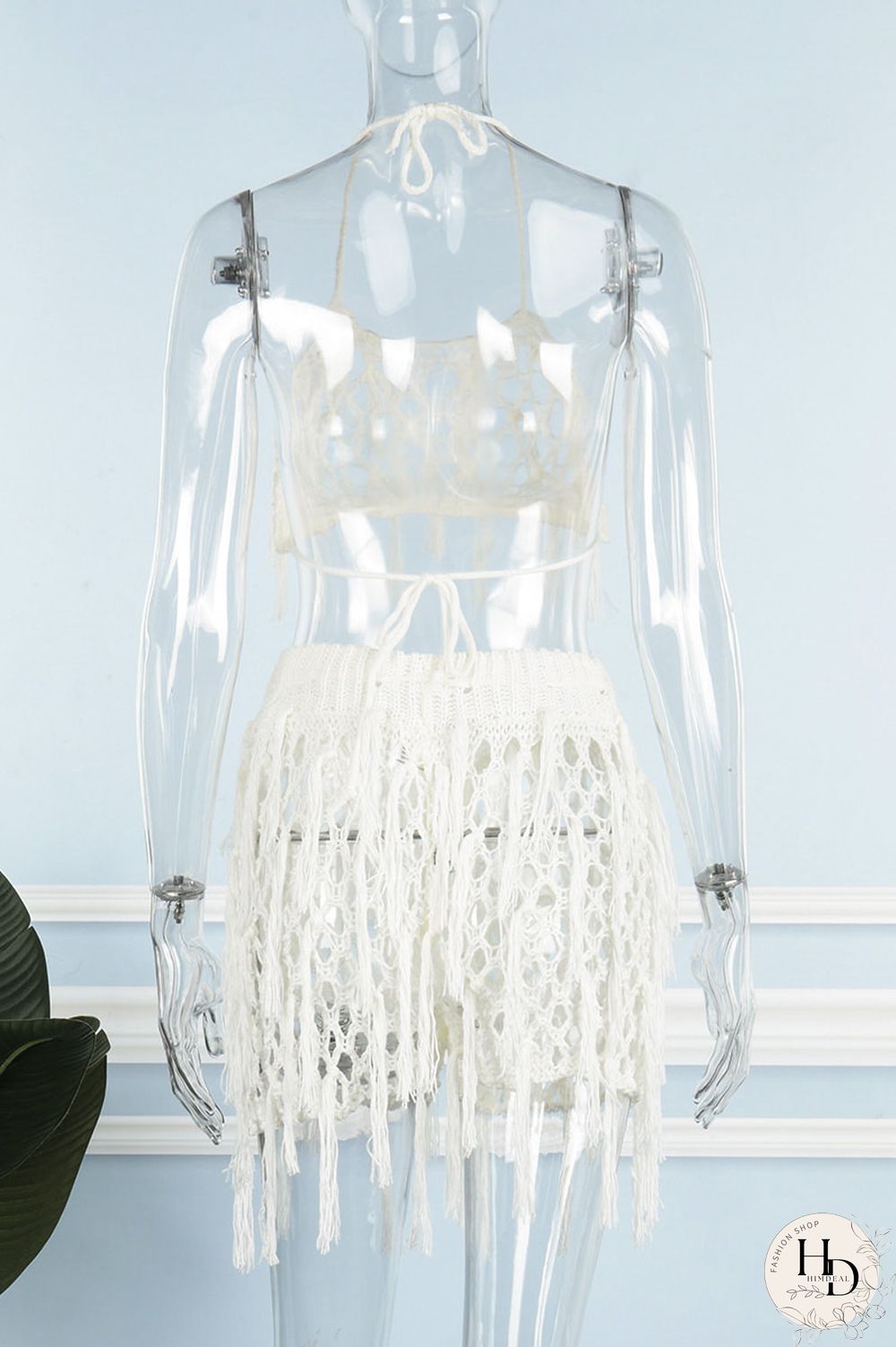 Rose Red Sexy Solid Tassel Hollowed Out Patchwork Halter Sleeveless Two Pieces