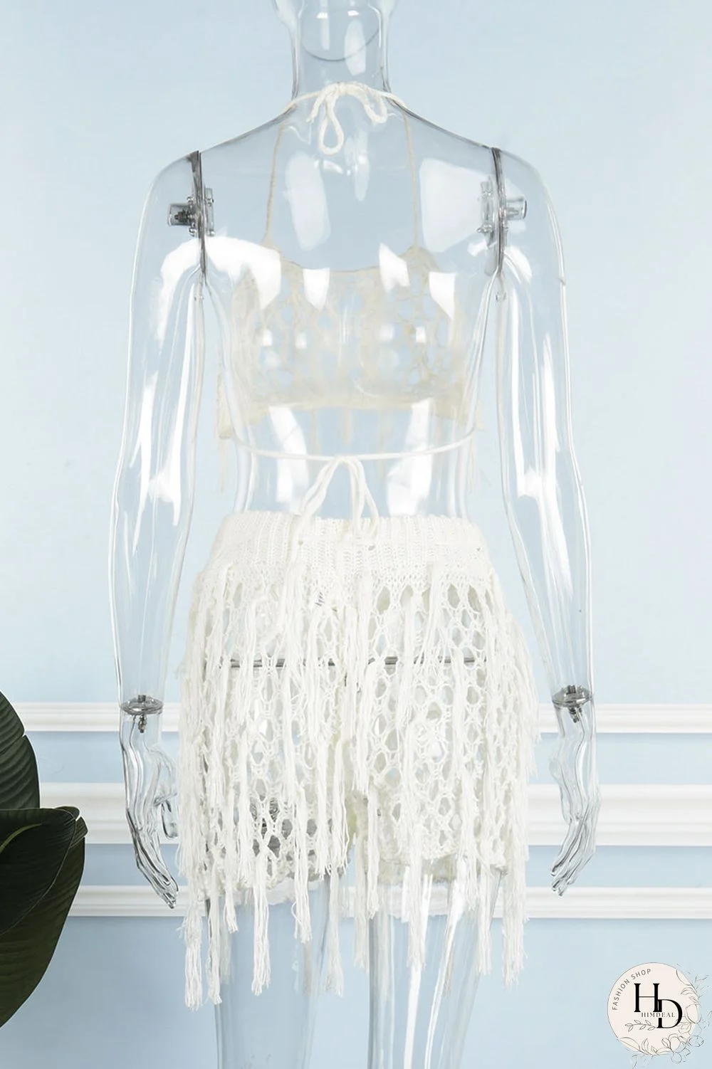 Rose Red Sexy Solid Tassel Hollowed Out Patchwork Halter Sleeveless Two Pieces