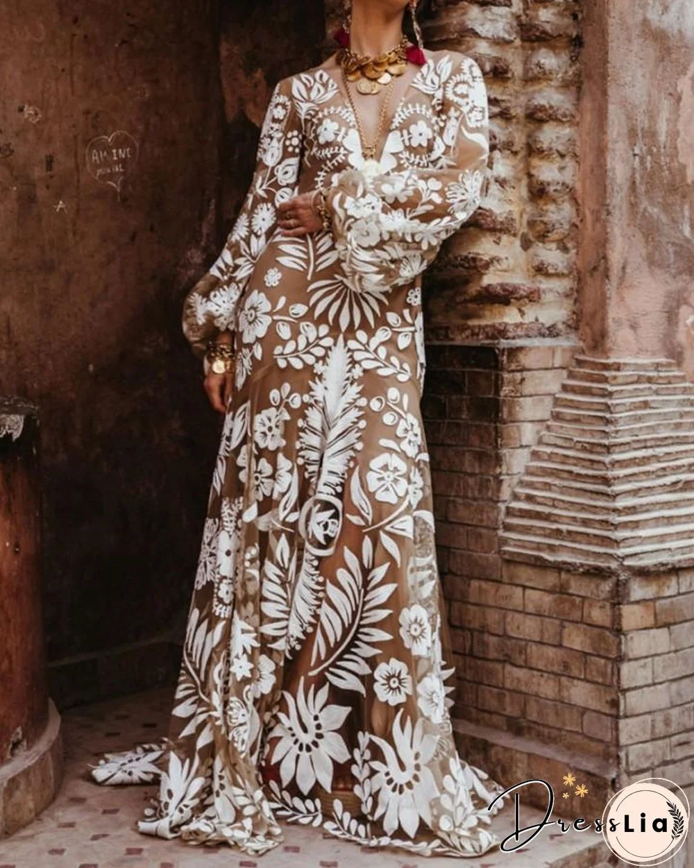 Lace Floral Embroidery Backless Loose Puff Sleeve Maxi Dress P12971