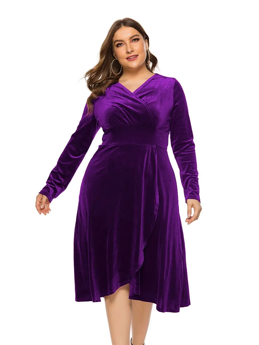 Plus Size Dress V-neck Long Sleeve Velvet Midi Dress