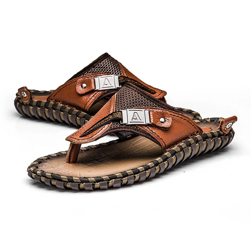 2021 New Men's Flip Flops Leather Slippers