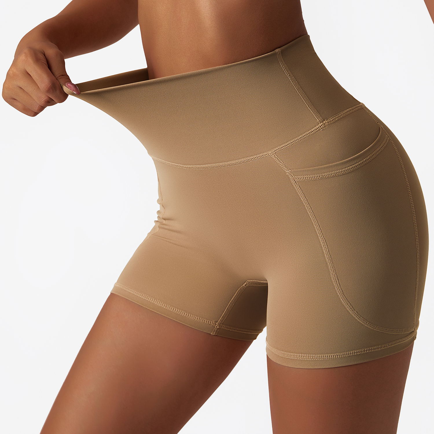 Shop Sand Brown high rise no camel toe squat proof tummy control comfort lightweight buttery soft thin opaque fitness gym shorts online on Hergymclothing