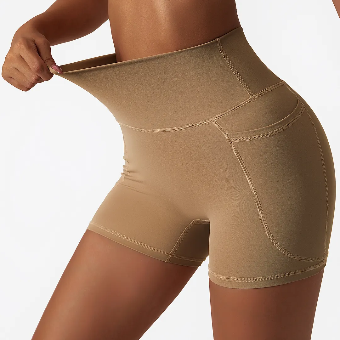 Shop Sand Brown high rise no camel toe squat proof tummy control comfort lightweight buttery soft thin opaque fitness gym shorts online on Hergymclothing