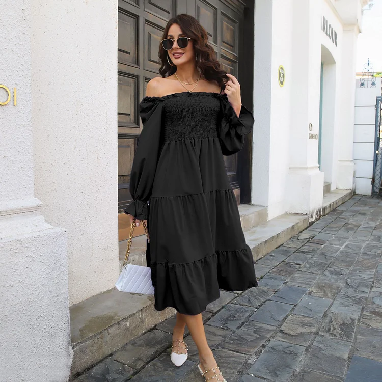Elegant Ruffles Full Flare Sleeve Square Neck A-line Midi Dress