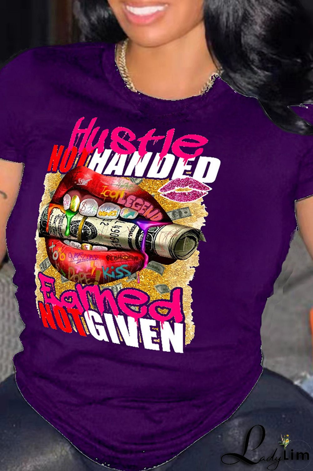 Purple Fashion Casual Print Basic O Neck T-Shirts