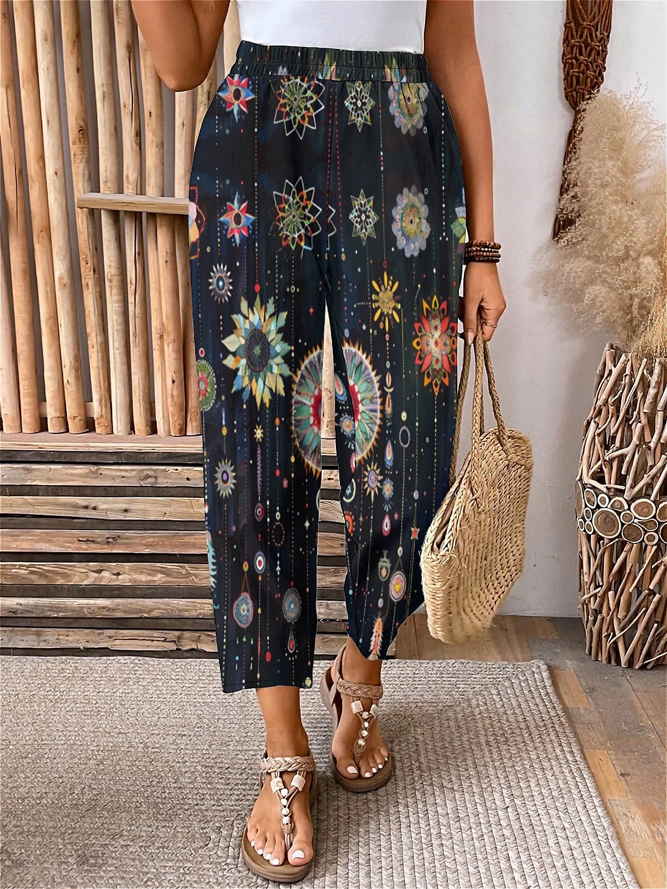 Plus Size Elastic Waist Abstract Dreamcatchers,Black Printed Pants