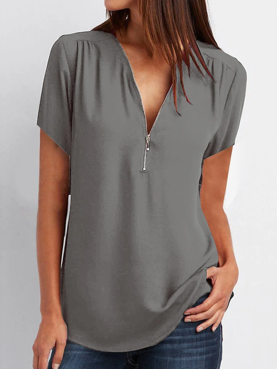 V-Neck Zip Plus Size Women's Short Sleeve Loose Chiffon Shirt