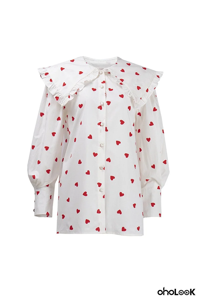 Heart Print Balloon Sleeve Doll Collar Blouse