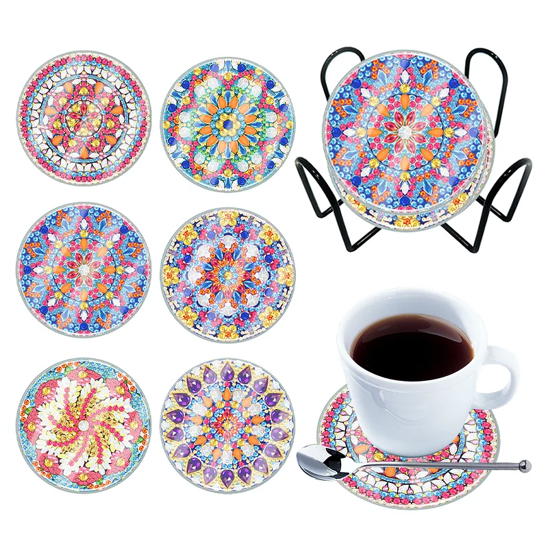 6pcs Mandala Diamond Painting Coaster Set (With Stand) C