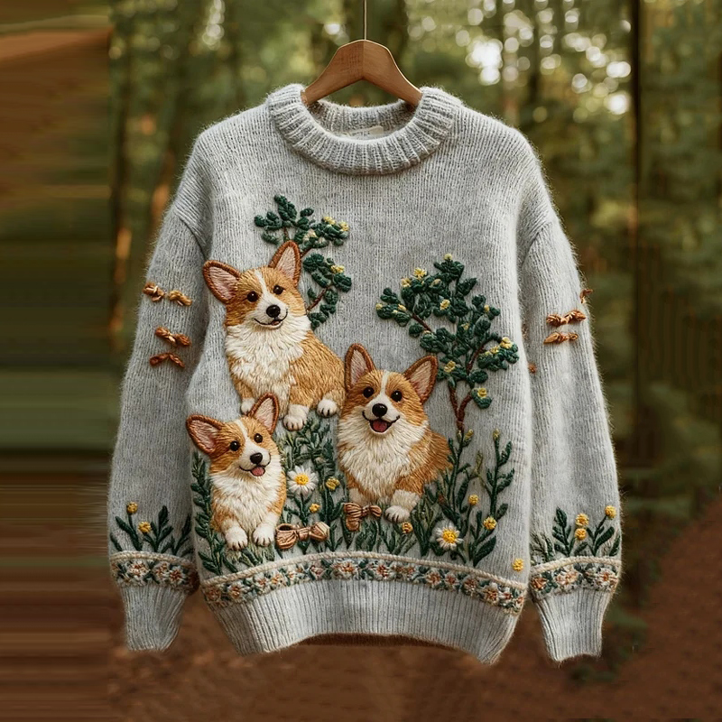 Women's Corgi Floral Art Print Knit Sweater elevenforest