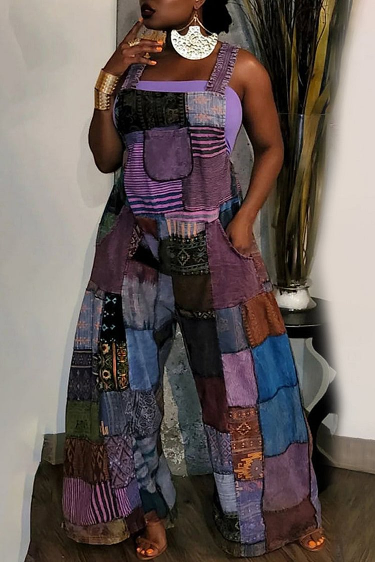 Xpluswear Plus Size Casual All Over Print Sleeveless Wide Leg Jumpsuit 