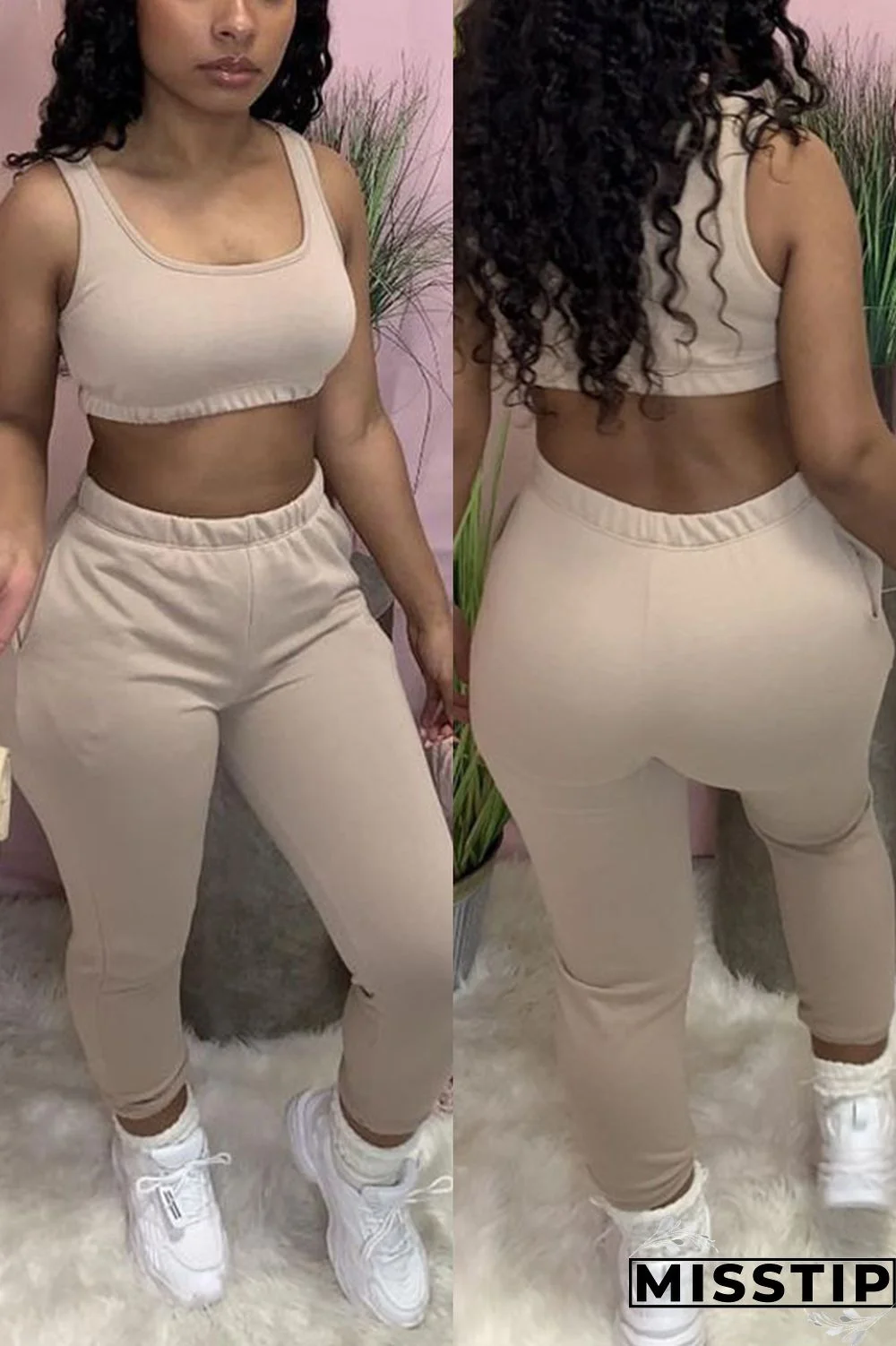 Black Casual Sportswear Solid Vests Pants U Neck Sleeveless Two Pieces