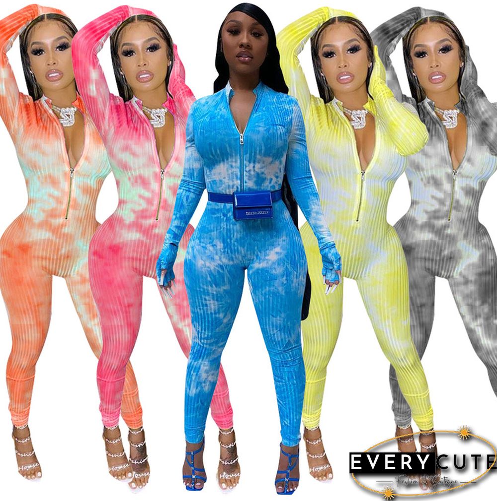 High Neck Tie-dye Zipper Slim Fit Fitness Jumpsuit