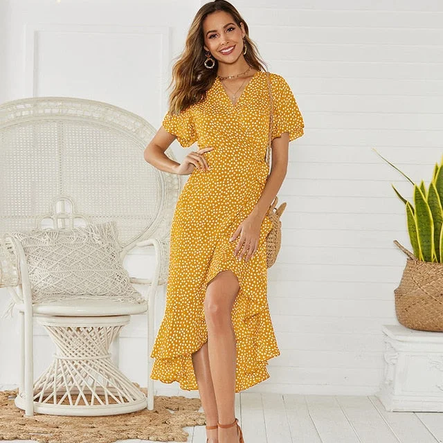Summer Beach Maxi Dress Women Floral Print Boho Long Chiffon Dress Ruffles Wrap Casual V-Neck Split Sexy Party Dress Robe