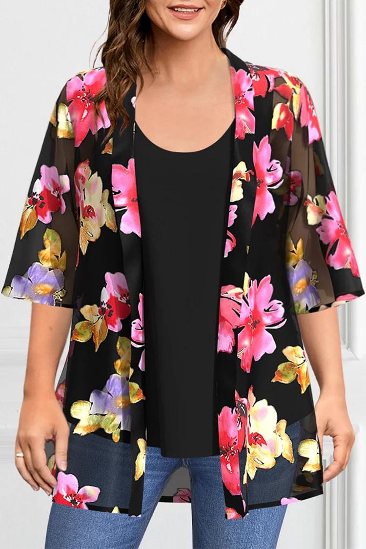 Flycurvy Plus Size Dressy Black Chiffon Floral Print Two Pieces Blouse  Flycurvy [product_label]