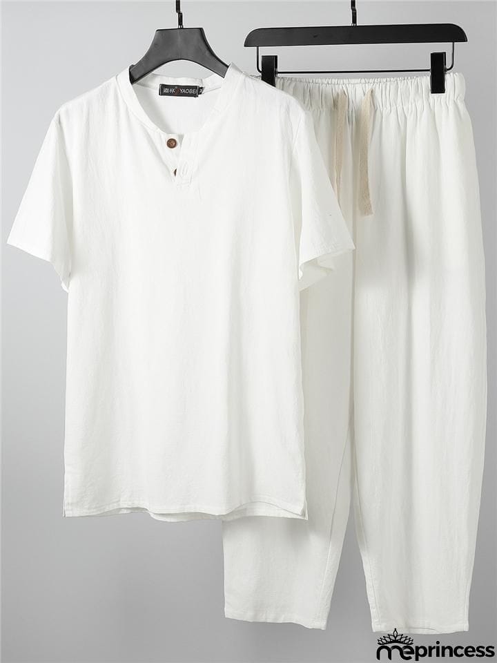 Solid Color Lightweight 2-Piece Outfit Button T-Shirt + Drawstring Waistband Cropped Pants