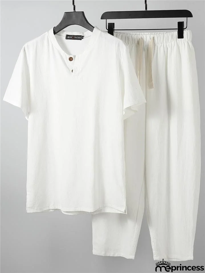 Solid Color Lightweight 2-Piece Outfit Button T-Shirt + Drawstring Waistband Cropped Pants