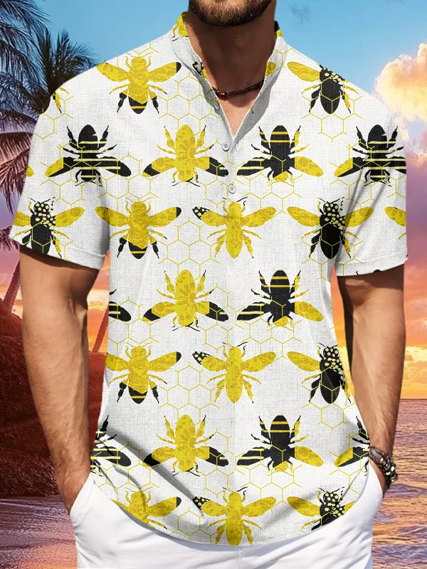 Men's Bee Pattern Print Half Button Shirt