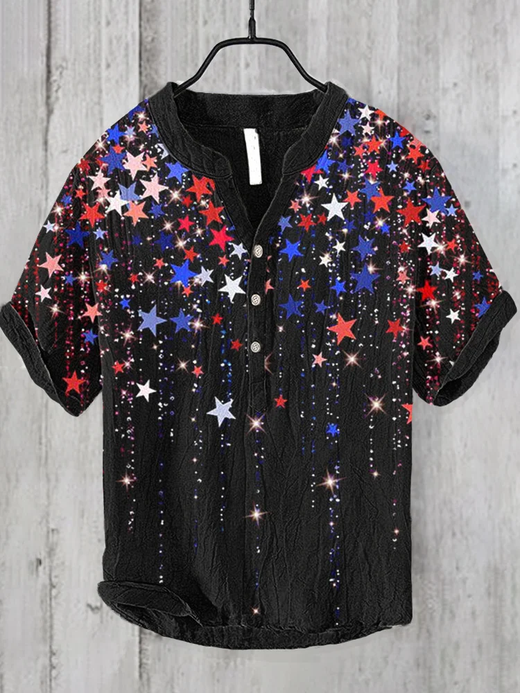 Men's Sparkly Stars Print Half Button Linen Blend Shirt