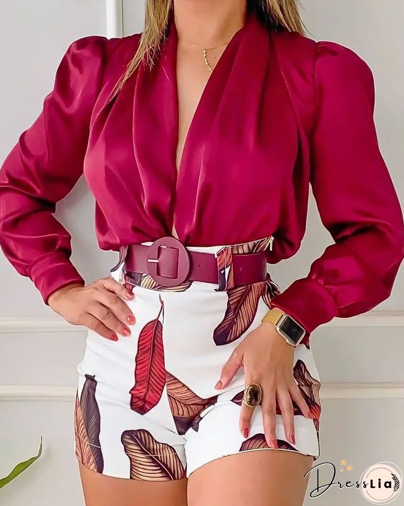 Spring Women's Casual Suit V-Neck Long Sleeve Solid Color Shirt Top Printed Shorts Two-Piece Set