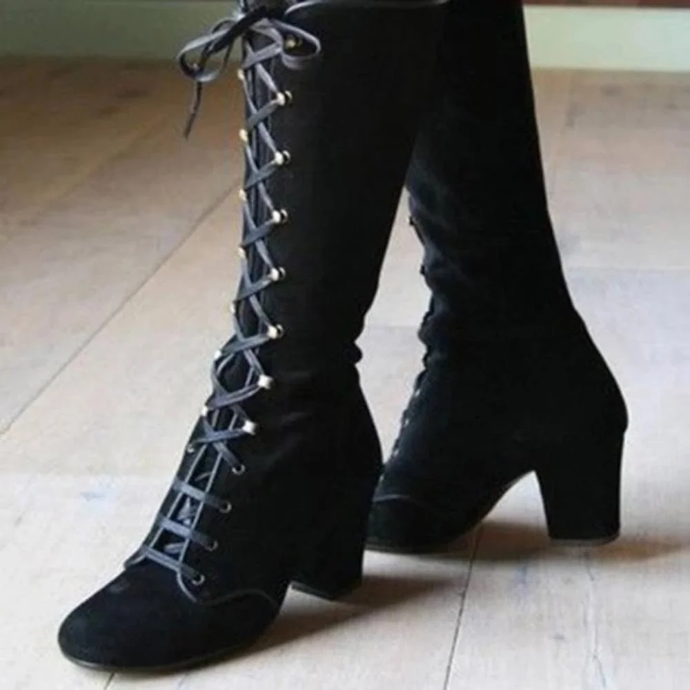 2020 Black boots women Shoes knee high Women Casual Vintage Retro Mid-Calf Boots Lace Up Thick Heels Shoes