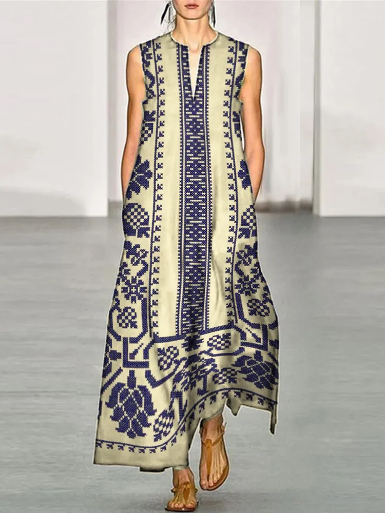 Elegant Ethnic Floral Pattern Women's V-Neck Maxi Dress
