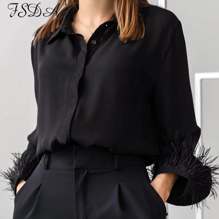 2022 Autumn Winter Black Feather Blouse Shirts Women Satin Long Sleeve Fashion Elegant Top Shirt Sexy Vintage Clothing
