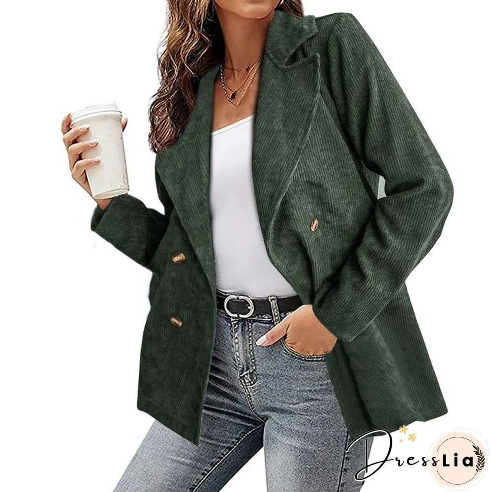 Women Notched Lapel Corduroy Coat