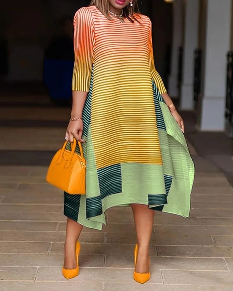 Printed Stripe Color Block Irregular Dress