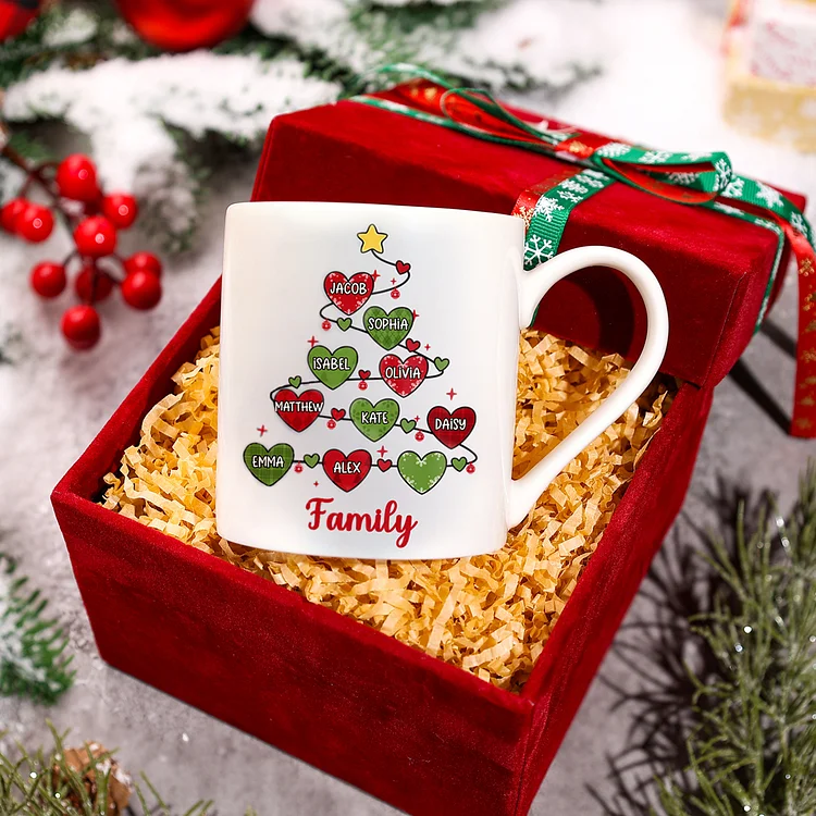 Personalized Family Christmas Tree Heart Mug Set With Gift Box With 1-10 Names-Christmas Birthday Gift Ceramic Coffee Mug