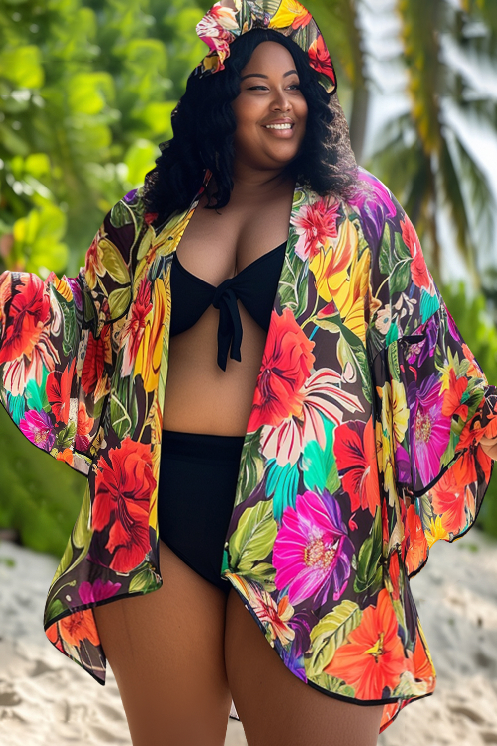 Design Plus Size Vacation Multicolor Floral Print Flare Sleeve Cover Ups [Pre-Order]