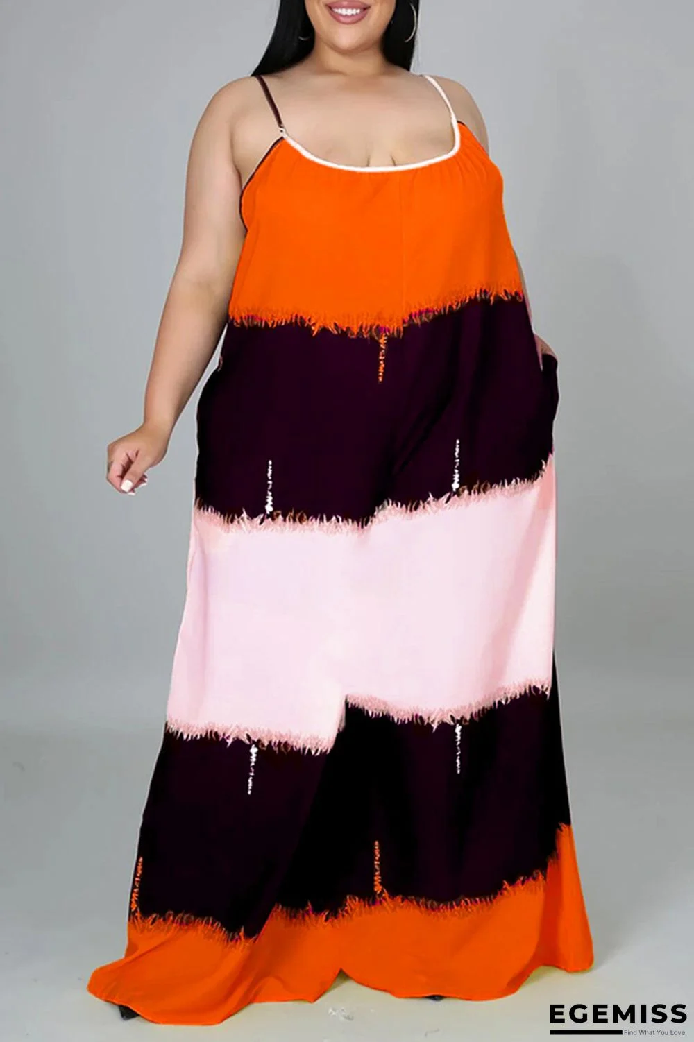 Orange Fashion Casual Print Backless Spaghetti Strap Plus Size Jumpsuits | EGEMISS