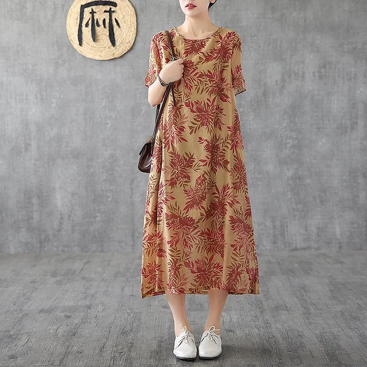Classy o neck short sleeve linen dresses design khaki print Dress