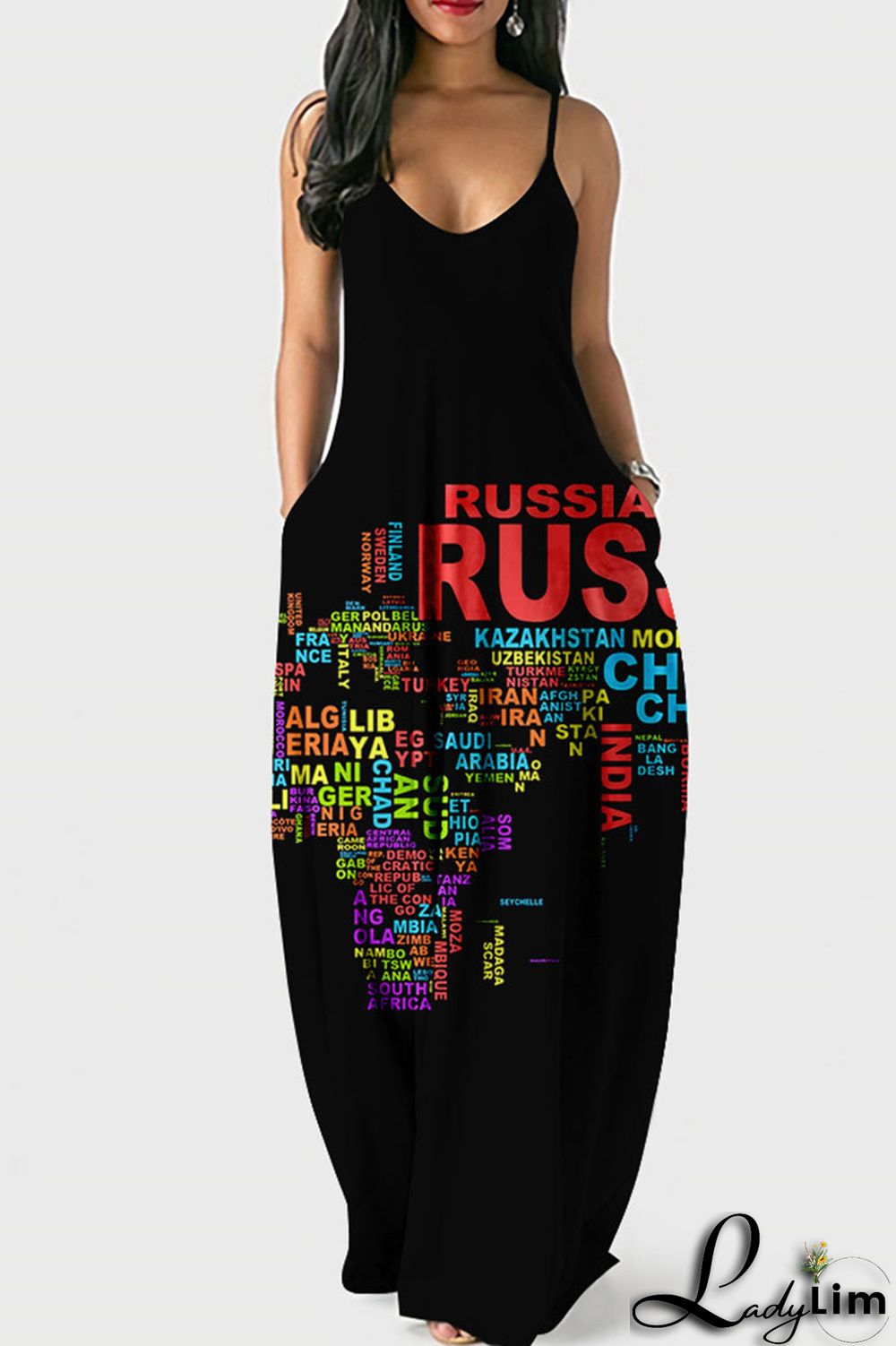 White Blue Fashion Sexy Print Backless Spaghetti Strap Long Dress